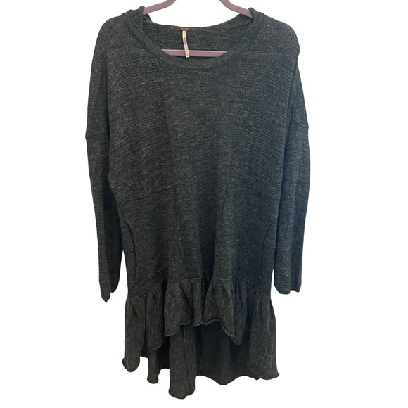 Free People Tops - Free People Dark Green Ruffle High Low Knit Hoodie Tunic XS Boho Relaxed